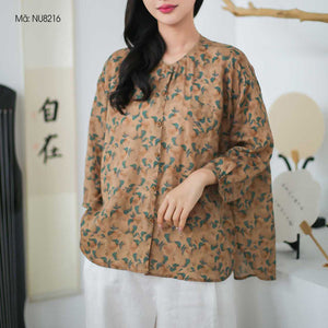 Áo sơ mi linen tay lửng cổ tròn in hoa lá một túi nhỏ - NU8216