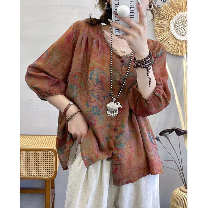 Áo sơ mi linen ngắn tay cổ tròn xếp ly đính bèo in hoa văn - NU7516