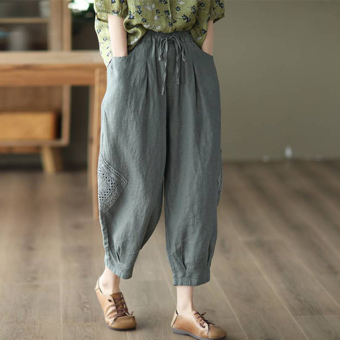 Quần baggy linen lưng thun thêu ren hai bên quần - NU7309