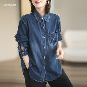 Áo sơ mi denim dài tay cổ đức form dài túi tam giác kiểu - NU8300