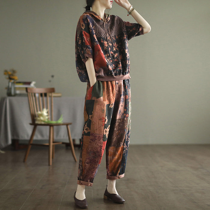 Bộ đồ linen gồm áo hoodies ngắn tay và quần baggy in hoa văn trừu tượng - NU7149