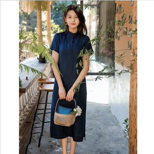 Đầm liền linen ngắn tay cổ tàu khuy tròn thêu họa tiết - NU5902