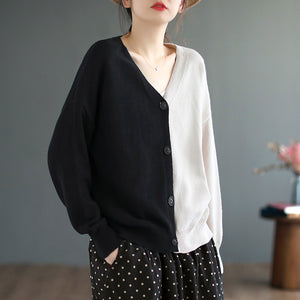 Áo khoác cardigan len đan dài tay cổ V hai mảng màu - NU7679