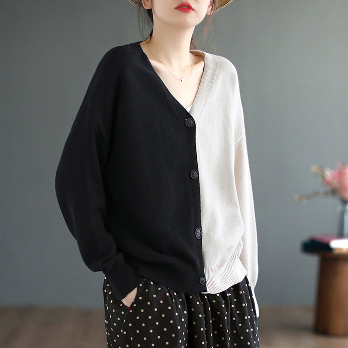 Áo khoác cardigan len đan dài tay cổ V hai mảng màu - NU7679
