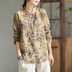 Áo sơ mi linen dài tay cổ đức in hoa lá túi giả - NU8208