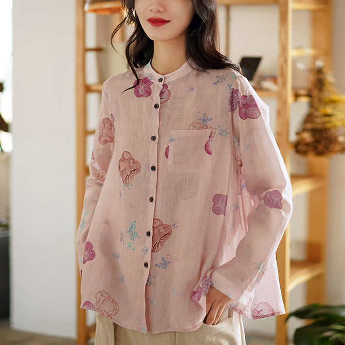 Áo sơ mi linen dài tay cổ đứng in màu nước - NU6735