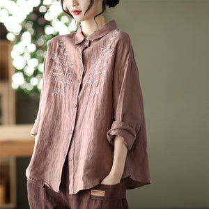 Áo sơ mi linen dài tay cổ đức thêu hoa đối xứng - NU6676