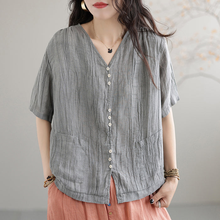 Áo sơ mi linen ngắn tay cổ V hai túi vuông vạt ngang - NU7422