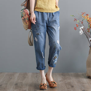 Quần baggy denim thêu hoa bồ công anh - NU3794 - kamaka.vn - thời trang nhật