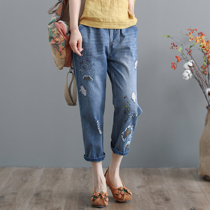 Quần baggy denim thêu hoa bồ công anh - NU3794