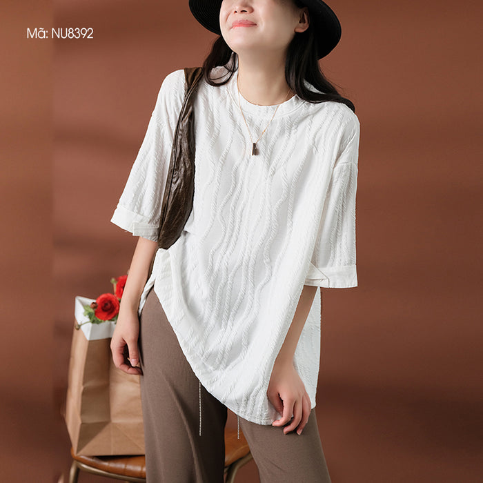 Áo T-shirt ngắn tay cổ tròn kiểu vặn thừng form rộng - NU8392