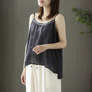 Áo T-shirt linen hai dây cổ thêu viền - NU8589