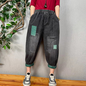 Quần baggy denim lưng thun kiểu chắp vá phối màu - NU7441