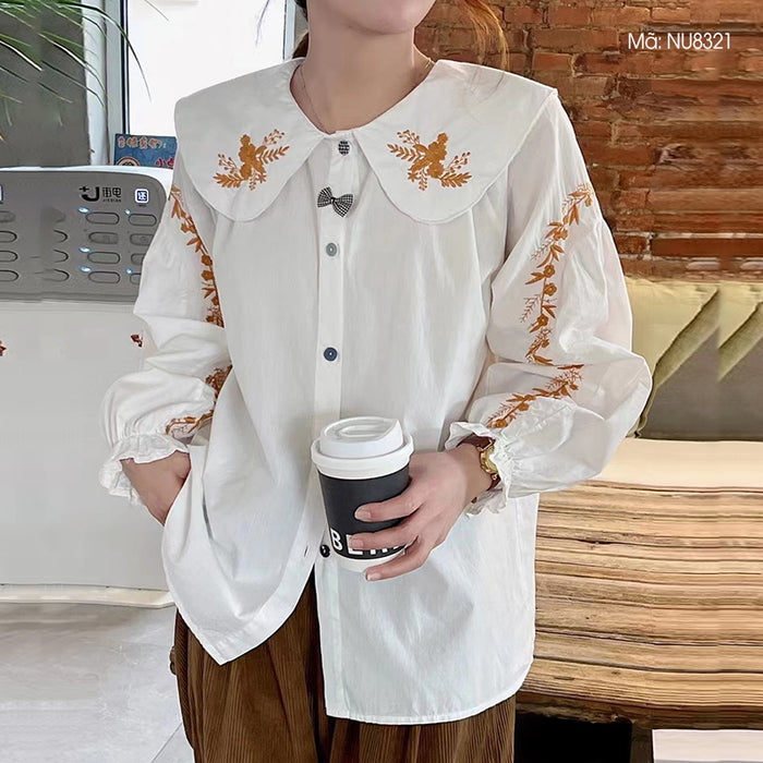 Áo sơ mi linen Morigirl dài tay thêu đối xứng khuy sắc màu - NU8321