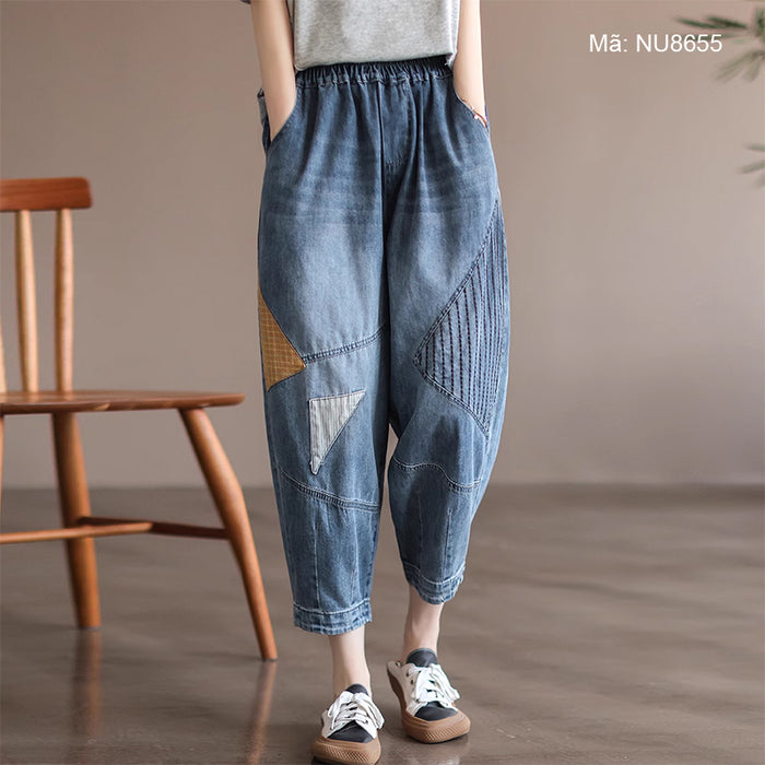 Quần baggy denim lưng thun thêu mảng màu tam giác - NU8655