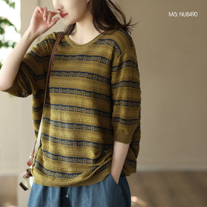 Áo T-shirt ngắn tay dệt kim kẻ sọc hoa văn retro - NU8490