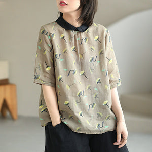 Áo sơ mi linen ngắn tay cổ pipi in hoa cúc khuy sau - NU5992