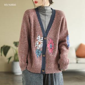 Áo khoác len cardigan dài tay cổ V móc những bông hoa - NU8065