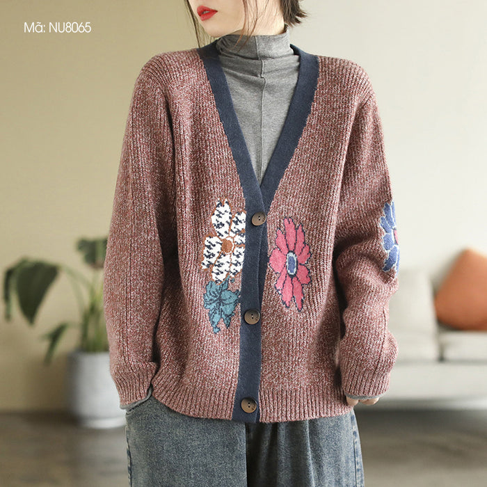 Áo khoác len cardigan dài tay cổ V móc những bông hoa - NU8065