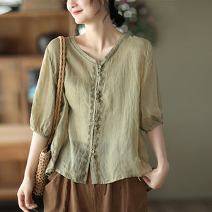 Áo sơ mi linen ngắn tay cổ lá sen ba khuy kiểu thêu hoa văn - NU7164