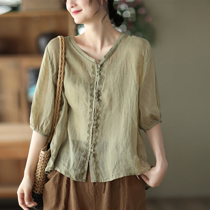 Áo sơ mi linen ngắn tay cổ lá sen ba khuy kiểu thêu hoa văn - NU7164