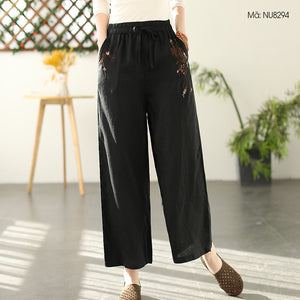 Quần baggy linen lưng thun dây rút ống rộng thêu hoa lá - NU8294