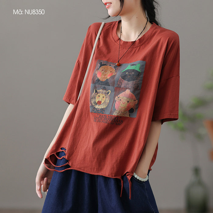 Áo T-shirt ngắn tay cổ tròn in chân dung hoạt hình - NU8350