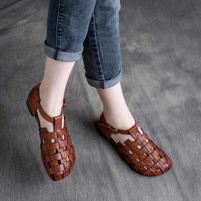 Giày da retro bện caro để bệt quai cài - OD0639