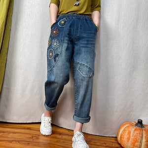Quần baggy denim lưng thun thêu vòng tròn chữ - NU7206