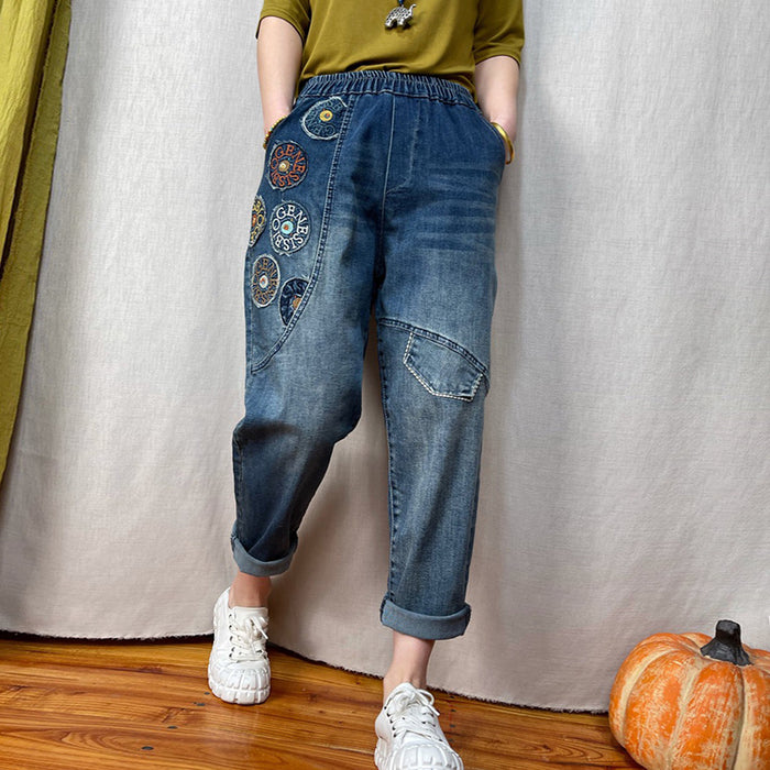 Quần baggy denim lưng thun thêu vòng tròn chữ - NU7206