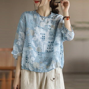 Áo T-shirt linen ngắn tay cổ tròn bo thun in hoa văn - NU7302