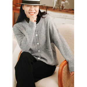 Áo khoác len cardigan dài tay cổ tròn hai túi vuông - NU7836