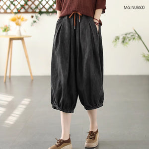 Quần baggy lửng denim lưng thun dây rút ống xếp ly - NU8600