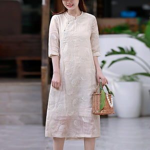 Đầm liền linen ngắn tay cổ tàu thêu hoa đơn sắc - NU8438