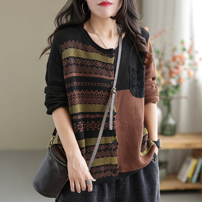 Áo khoác len cashmere dài tay cổ tròn hoa văn trừu tượng hai túi - NU7767