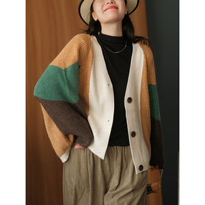 Áo khoác len cardigan dài tay cổ V ba khuy phối màu sắc - NU7783