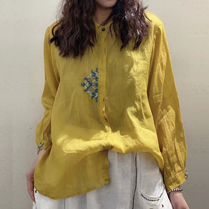 Áo sơ mi linen dài tay cổ tròn thêu hoa văn kiểu viền khuy - NU6783