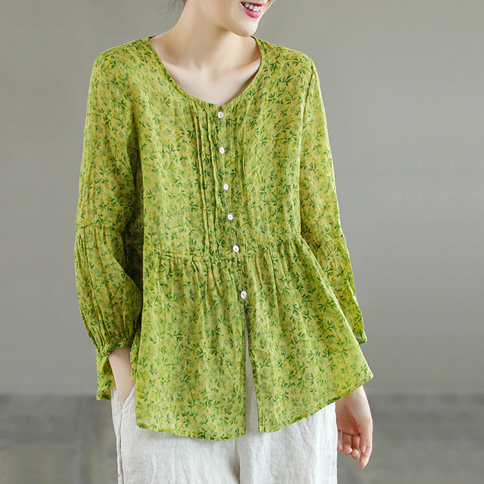Áo sơ mi linen tay lửng cổ tròn xếp ly in hoa liti - NU7214