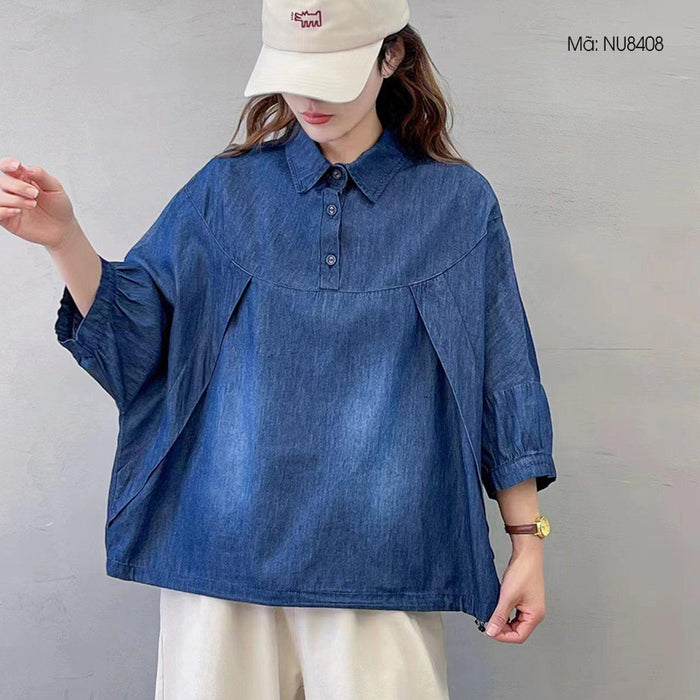 Áo sơ mi denim tay lửng cổ đức vạt bo dây rút - NU8408