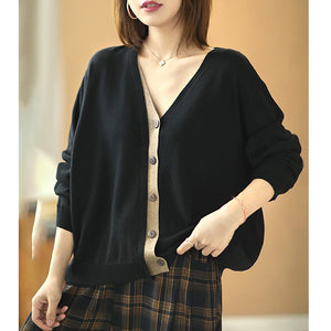 Áo len cổ V dệt kim dài tay phối màu khuy giữa - NU6062
