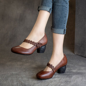 Giày da retro đế cao có quai đính hoa - OD0278