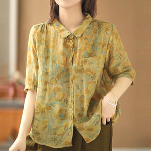 Áo sơ mi linen ngắn tay khuy cài cổ pipi in hoa lá một túi nhỏ - NU6953