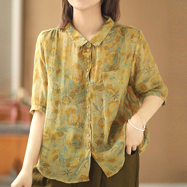 Áo sơ mi linen ngắn tay khuy cài cổ pipi in hoa lá một túi nhỏ - NU6953