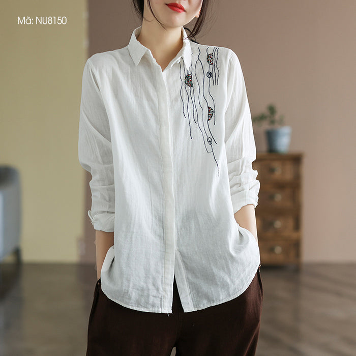 Áo sơ mi linen dài tay cổ đức một màu thêu trừu tượng - NU8150