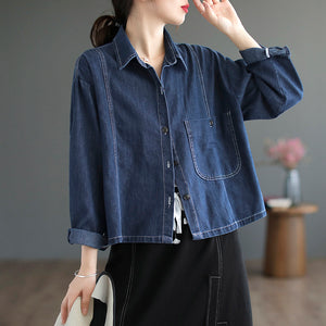 Áo khoác denim retro dài tay cổ đức một túi lớn - NU7713