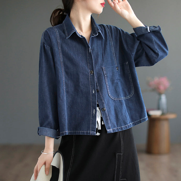 Áo khoác denim retro dài tay cổ đức một túi lớn - NU7713