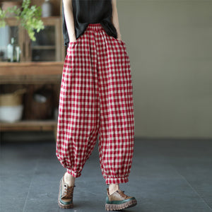 Quần baggy linen lưng thun kẻ sọc caro ống túm - NU7111