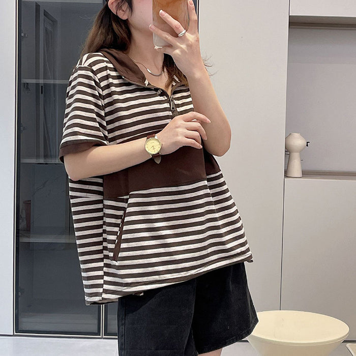Áo T-shirt hoodies ngắn tay kẻ sọc khóa kéo - NU8379