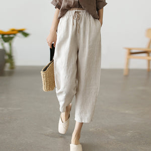 Quần baggy linen lưng thun ống đứng cạp phối màu - NU7426