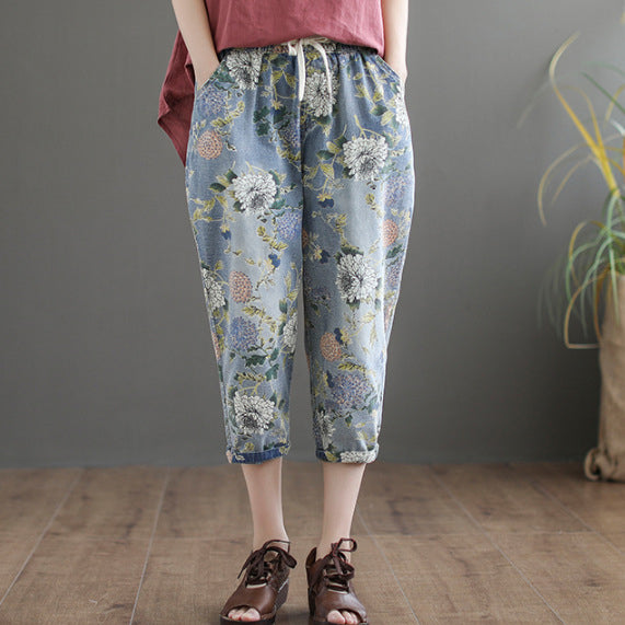 Quần baggy denim lưng thun dây rút in hoa lá - NU6711